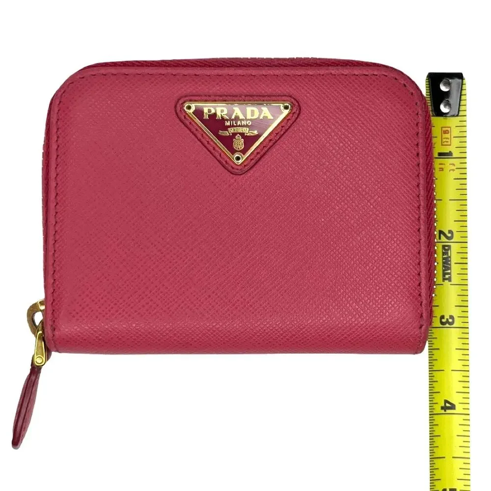 Prada Saffiano Leather Zip Coin Purse Compact Wallet Pink Gold Logo Italy Small